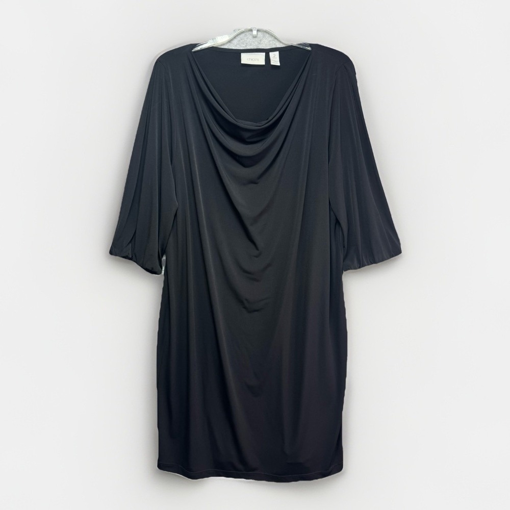 Chicos Dress Black Slinky Stretch 3/4 Sleeve Size 2 Large 12 Little Black Dress
